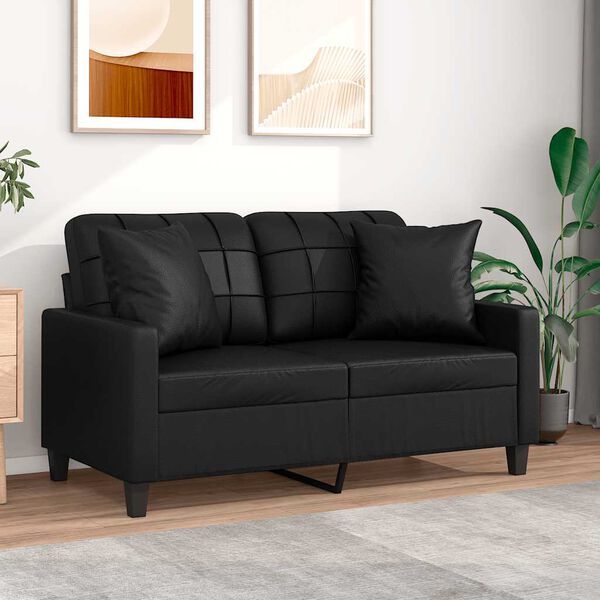 vidaXL Dvivietė sofa su pagalvėmis, juoda, 120cm, dirbtinė oda