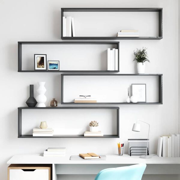 vidaXL Sieninės lentynos, 4vnt., pilkos, 100x15x30cm, MDP, kubo formos