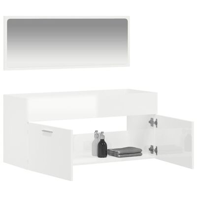 vidaXL Vonios kambario spintelė su veidrodžiu, balta, mediena, blizgi