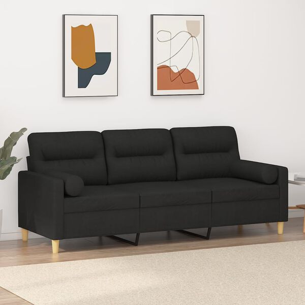 vidaXL Trivietė sofa su pagalvėlėmis, juodos spalvos, 180cm, audinys
