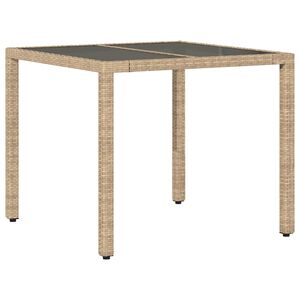 vidaXL Stalas su stikliniu stalvir&scaron;iu, smėlio, 90x90x75cm, poliratanas