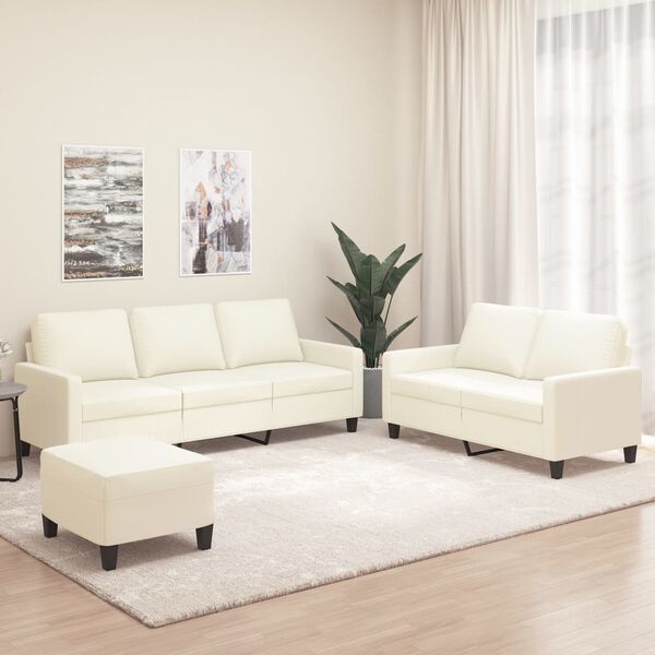 vidaXL Sofos komplektas su pagalvėmis, 3 dalių, kreminis, dirbtinė oda