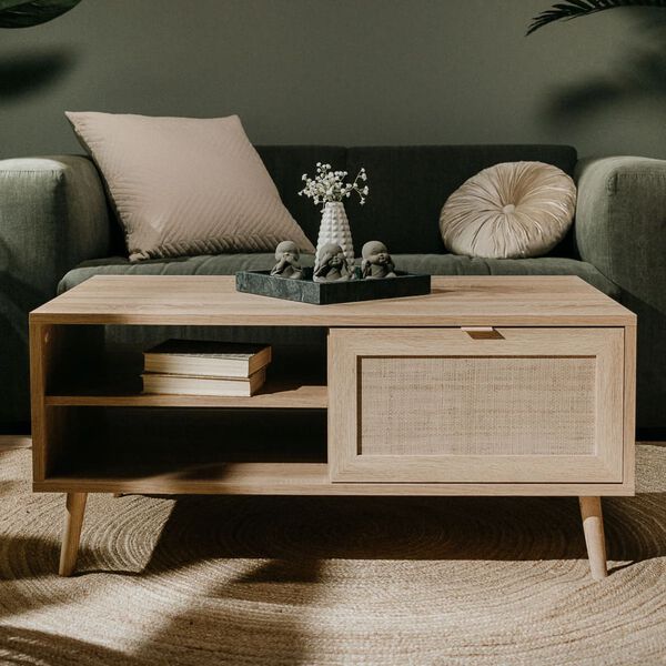 Finori Kavos staliukas Bali 55A, sonoma ąžuolo spalvos, nendrių ra&scaron;tai