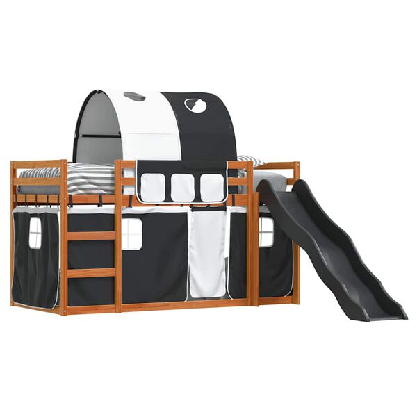 vidaXL Dviaukštė lova su užuolaidomis, balta/juoda, 80x200cm, pušis