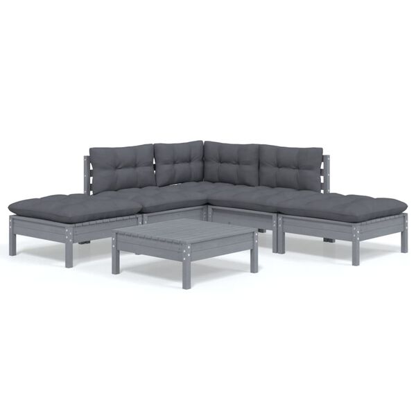 vidaXL Sodo komplektas su pagalvėmis, 6 dalių, pilkas, pu&scaron;ies masyvas