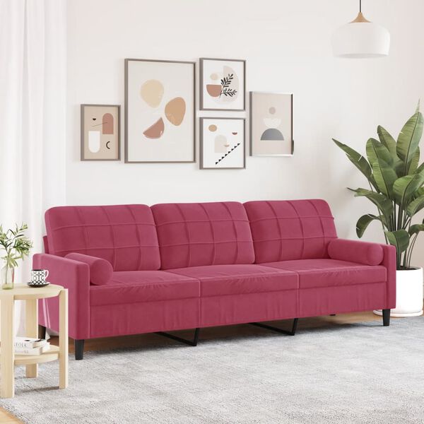 vidaXL Trivietė sofa su pagalvėlėmis, raudonojo vyno, 210cm, aksomas