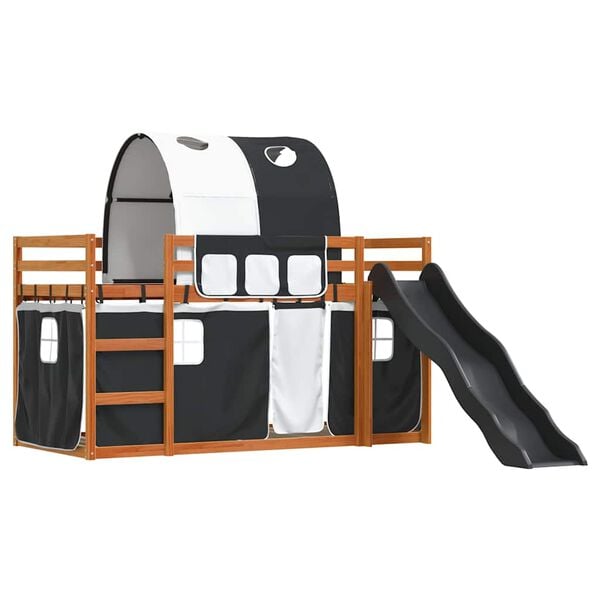 vidaXL Dviaukštė lova su užuolaidomis, balta/juoda, 90x200cm, pušis