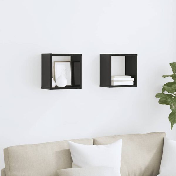 vidaXL Sieninės lentynos, 2vnt., juodos, 26x15x26cm, kubo formos