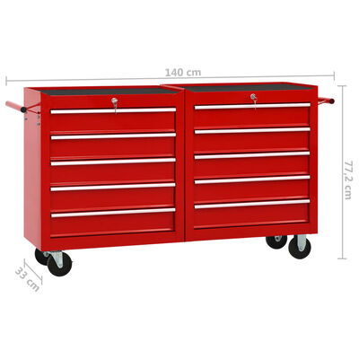 vidaXL Įrankių vežimėlis su 10 stalčių, raudonos spalvos, plienas