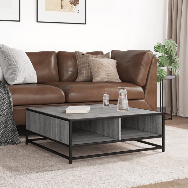 vidaXL Kavos staliukas, pilkas ąžuolo, 80x80x30cm, mediena ir metalas