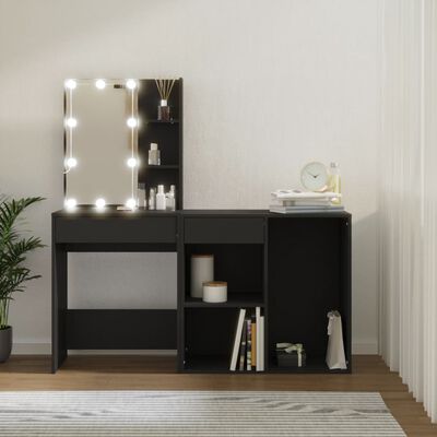 vidaXL Kosmetinis staliukas su LED ir spintele, juodas, mediena