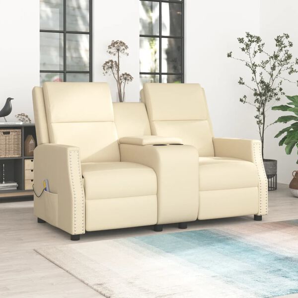 vidaXL Dvivietis atlošiamas masažinis krėslas, kreminis, dirbtinė oda