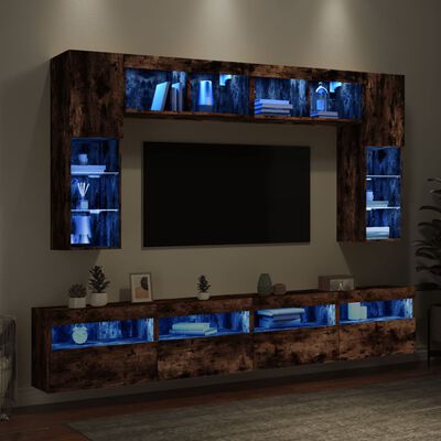 vidaXL Sieninės TV spintelės su LED lemputėmis, 8vnt., dūminės ąžuolo