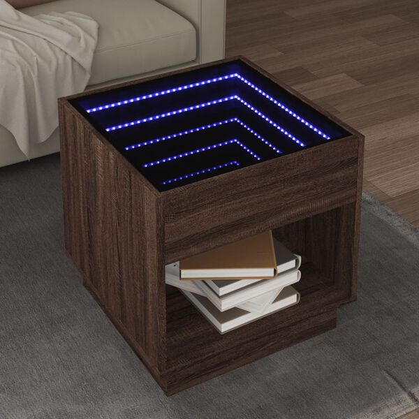 vidaXL Kavos staliukas su Infinity LED lemputėmis, rudas, 50x50x50cm