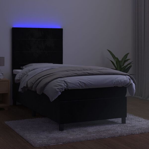 vidaXL Lova su spyruoklėmis/čiužiniu/LED, juoda, 90x190cm, aksomas