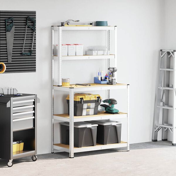 vidaXL Darbastalis su lentynomis, sidabrinis, plienas ir mediena