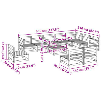 vidaXL Sodo sofos komplektas, 11 dalių, pušies medienos masyvas