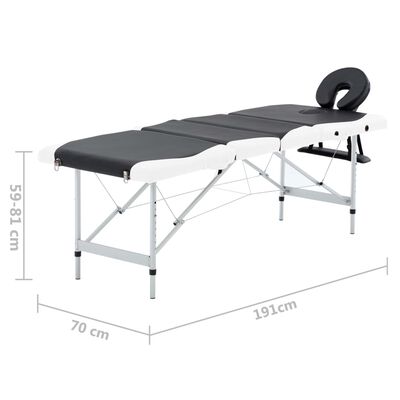 vidaXL Sulankstomas masažo stalas, juodas/baltas, aliuminis, 4 zonų