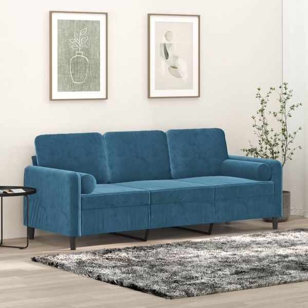vidaXL Trivietė sofa su pagalvėlėmis, mėlynos spalvos, 180cm, aksomas