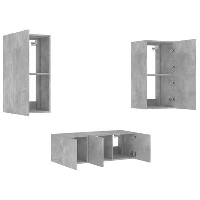 vidaXL Sieninė TV sekcija su LED, 4 dalių, betono, apdirbta mediena