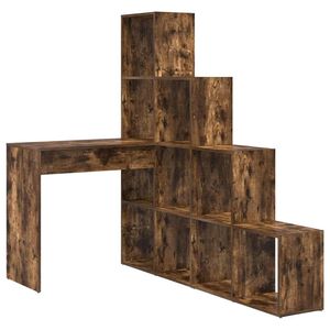 vidaXL Kampinis ra&scaron;omasis stalas su lentyna su saugykla Rūkyta ąžuolas