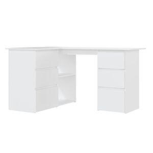 vidaXL Kampinis ra&scaron;omasis stalas, baltas, 145x100x76cm, mediena