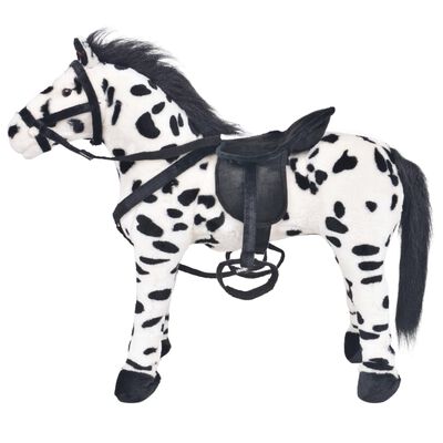 vidaXL Stovintis pliušinis žaislas žirgas, juodas ir baltas, XXL