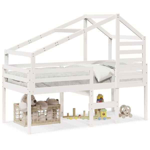 vidaXL Aukšta lova su stogu, balta, 90x200cm, pušies medienos masyvas