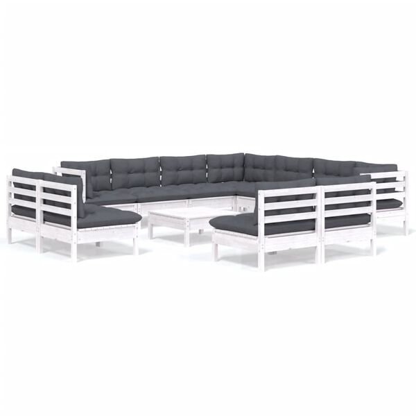 vidaXL Sodo komplektas su pagalvėmis, 12 dalių, baltas, pušies masyvas