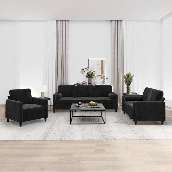 vidaXL Sofos komplektas su pagalvėmis, 3 dalių, juodas, aksomas