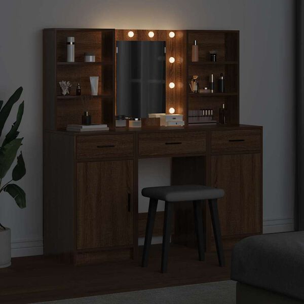vidaXL 3 dalių kosmetinis staliukas rudos ąžuolo inžinerinė mediena