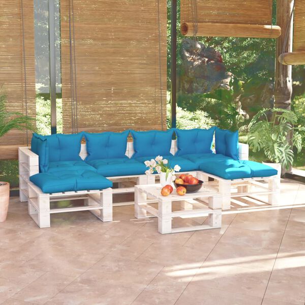 vidaXL Sodo komplektas i&scaron; palečių su pagalvėlėmis, 7 dalių, pu&scaron;is