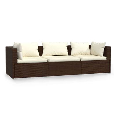vidaXL Trivietė sofa su pagalvėlėmis, rudos spalvos, poliratanas