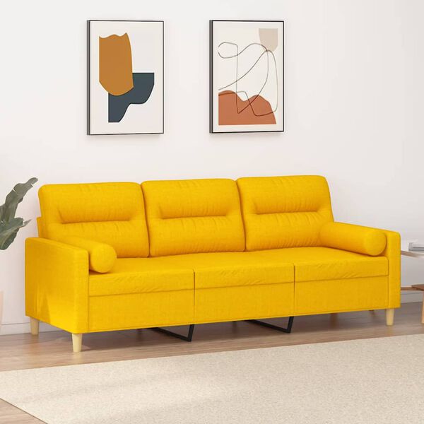 vidaXL Trivietė sofa su pagalvėmis, &scaron;viesiai geltona, 180cm, audinys