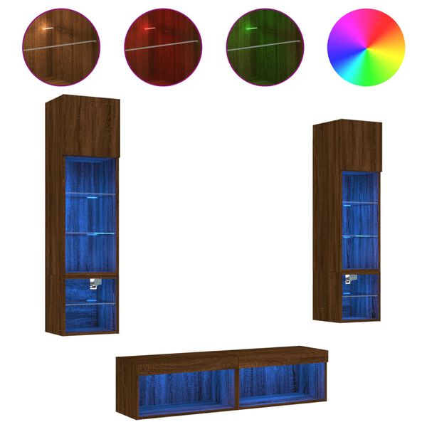 vidaXL Sieninė TV sekcija su LED, 6 dalių, ruda ąžuolo, mediena