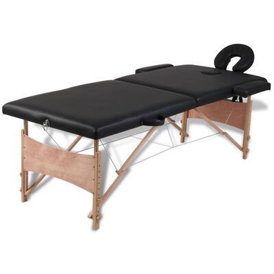 vidaXL Sulankstomas masažo stalas, juodas, 2 zonų, su mediniu rėmu