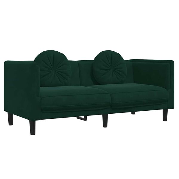 vidaXL Dvivietė sofa su pagalvėlėmis, tamsiai žalios spalvos, aksomas