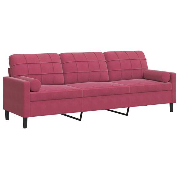 vidaXL Trivietė sofa su pagalvėlėmis, raudonojo vyno, 210cm, aksomas