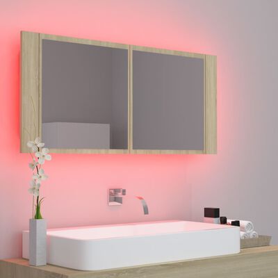 vidaXL Veidrodinė vonios spintelė su LED, ąžuolo, 100x12x45cm, akrilas