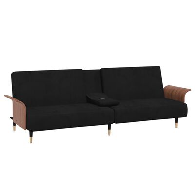 vidaXL Sofa-lova su puodelių laikikliais, juodos spalvos, aksomas