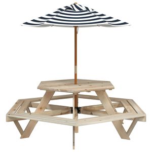 vidaXL I&scaron;kylų stalas 6 vaikams su skėčiu, eglės masyvas, &scaron;e&scaron;iakampis