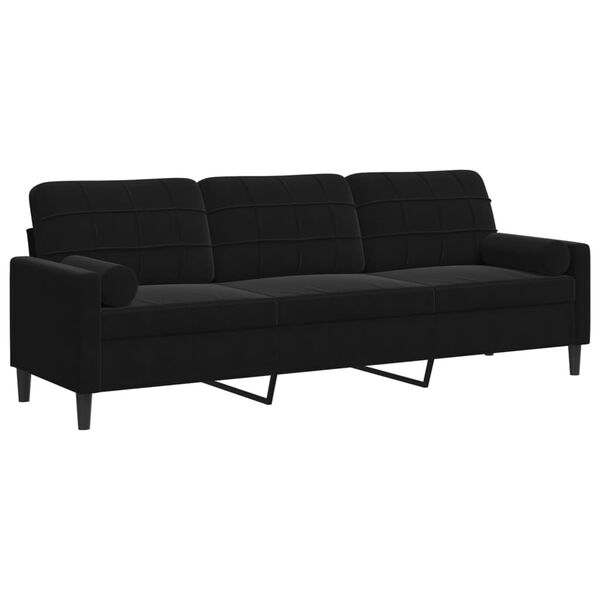vidaXL Trivietė sofa su pagalvėlėmis, juodos spalvos, 210cm, aksomas