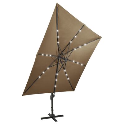 vidaXL Gembinis skėtis su stulpu ir LED lemputėmis, taupe, 300cm
