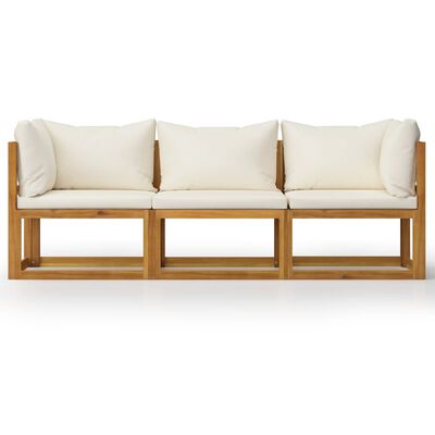 vidaXL Trivietė sodo sofa su pagalvėlėmis, kreminė, akacijos masyvas