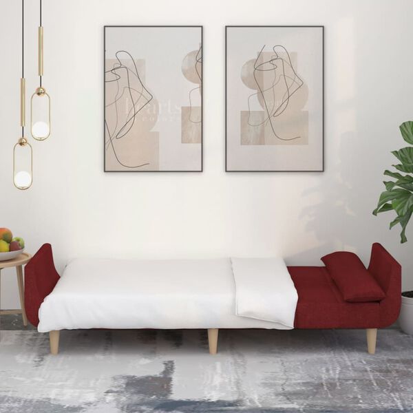 vidaXL Dvivietė sofa-lova su dvejomis pagalvėmis, vyno, audinys