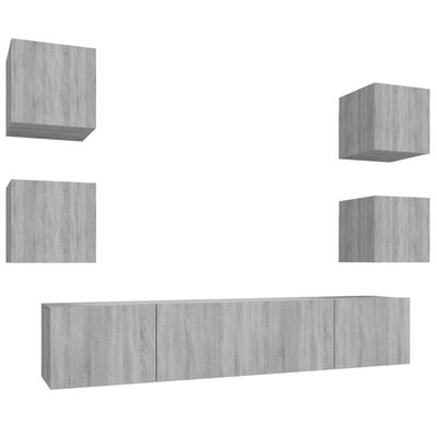 vidaXL TV spintelių komplektas, 6 dalių, pilkas ąžuolo, mediena