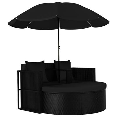 vidaXL Sodo gultas su skėčiu, juodos spalvos, poliratanas