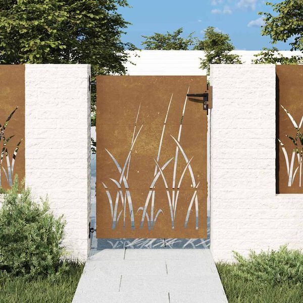 vidaXL Sodo vartai, 85x150 cm, Corten plienas, žolės raštas
