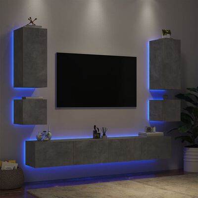 vidaXL Sieninės TV spintelės su LED lemputėmis, 6 dalių, betono pilkos