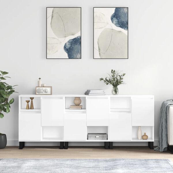 vidaXL &Scaron;oninės spintelės, 3vnt., baltos, apdirbta mediena, blizgios